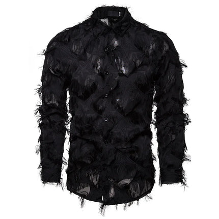 Black White Streetwear Hip Hop Shirt Men Tassels Party Night Club Men's Shirts With Long Sleeves Euro Size Spring Autumn