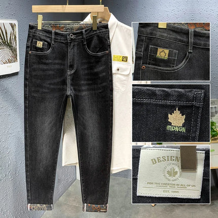 New Embroidery Fashion Straight Jeans Men Stretch Black Blue Slim Fit Pants Comfortable Business Denim Trousers