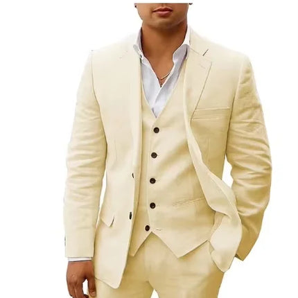 3 piece Linen Summer Men Suits for Wedding Groom Tuxedos 2026 Casual Beach Custom Man Suit Set Jacket Vest with Pants Man Fahion