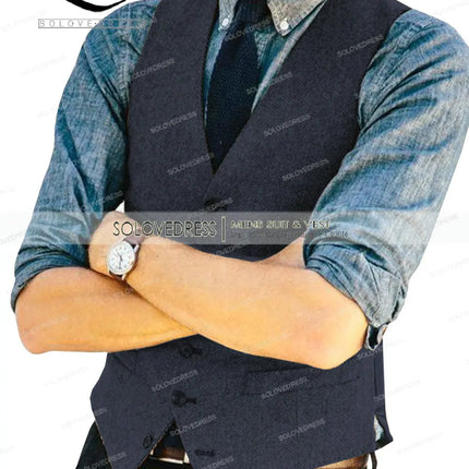 Mens Vests Tweed Herringbone Slim Fit Fashion Men's Suits Vests For Jacket Groomsmen  Waistcoat For Wedding
