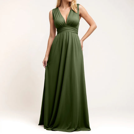 Multiple-Way Women Maxi Dress For Wedding Deep V-Neck Sexy High Waist Evening Party Dress Flowy Ruched A-Line Cocktail Dress