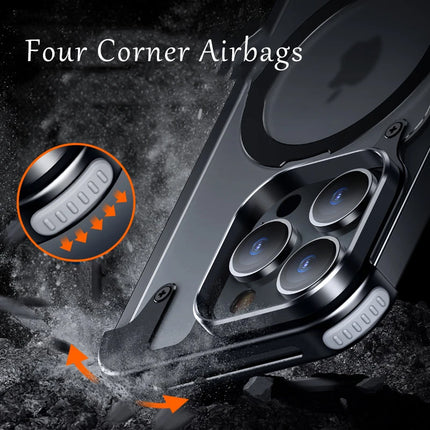 Aluminum Alloy Magnetic Stand Rimless Phone Case For iPhone 13 14 15 16 Pro Max Plus Metal Lens Shell  Frosted Matte Back Cover