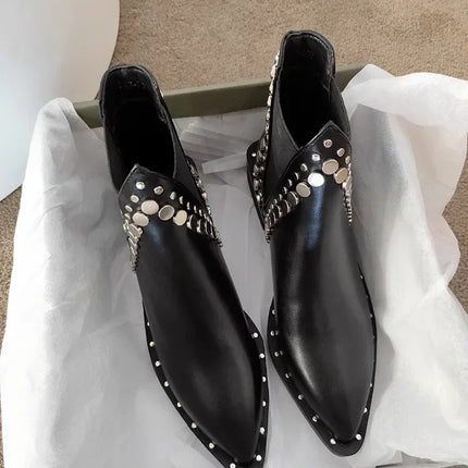 High Quality Women Shoes Leather Short Boots Women Pointed Chunky Heel Boots Fashion Rivet Ankle Boots Female Platform Heel 2024