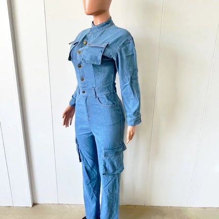 Women's New Autumn and Winter Fashion Elastic Organ Bag Wash Denim Jumpsuit Stand Collar Long Sleeve Denim Bell Bottoms Overalls