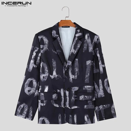 Fashion Casual Style Tops INCERUN Handsome Men's Art Hand-painted Letter Suit Coat Streetwear Male All-match Long Sleeved Blazer