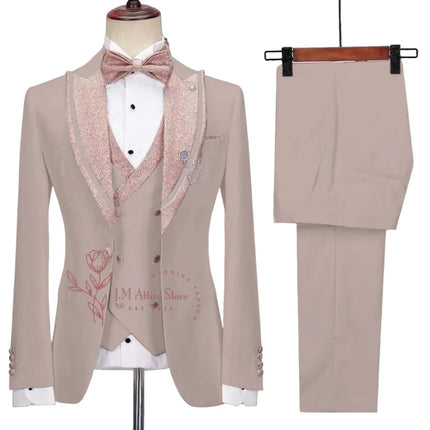 Stylish Men's Suit 3-piece Set Jacket Vest Pants White Slim Fit Pink Shinny Peak Lapel Blazer Wedding Prom Party Custom Tuxedo