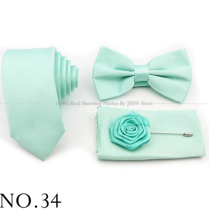Hot Sale Purple Pink Sage Green Tie Set Polyester Necktie Bowtie Cufflink Brooch For Groom Suit Wedding Cravat Shirt Accessory