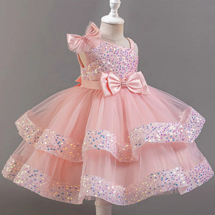 Girl's New Sequined Bow Irregular Collar Mesh Princess Dress Christmas Birthday Party Sweet and Cute Evening Dress