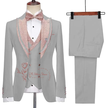 Stylish Men's Suit 3-piece Set Jacket Vest Pants White Slim Fit Pink Shinny Peak Lapel Blazer Wedding Prom Party Custom Tuxedo