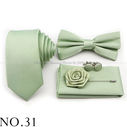 Hot Sale Purple Pink Sage Green Tie Set Polyester Necktie Bowtie Cufflink Brooch For Groom Suit Wedding Cravat Shirt Accessory