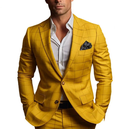 Men Suit Coat Formal Business Style Slim Fit Plaid Print Long Sleeve Single Button Closure Mid Length Straight Cardigan Work Coa