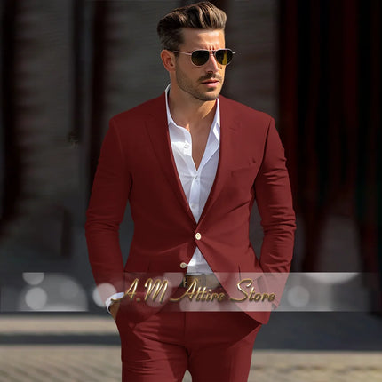 Men's linen suit 2-piece peak lapel jacket pants for summer beach wedding groom prom party tailor-made casual formal outfit