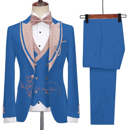 Stylish Men's Suit 3-piece Set Jacket Vest Pants White Slim Fit Pink Shinny Peak Lapel Blazer Wedding Prom Party Custom Tuxedo
