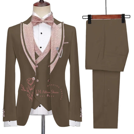 Stylish Men's Suit 3-piece Set Jacket Vest Pants White Slim Fit Pink Shinny Peak Lapel Blazer Wedding Prom Party Custom Tuxedo