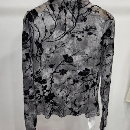 Women Autumn Spring Tops Layering Undershirts Long-Sleeve T-Shirts Printed Lace Mesh Versatile Fashionable Luxurious Designer