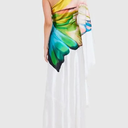 Gymystars Women's Printed Elegant Evening Dress One-shoulder Asymmetric High Waist Pleated Vintage Female Slim Long Dress