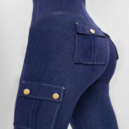 Women's Denim Pants 2024 Summer New Fashion Solid Color Buttoned Pocket Zipper Design High Waist Casual Daily Skinny Jeans