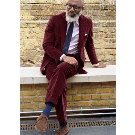 Men's Corduroy Casual Suit Fashion Single Breasted 2 Piece Set Jacket Blazer Pant Business Workwear Groom's Tailcoat Suit
