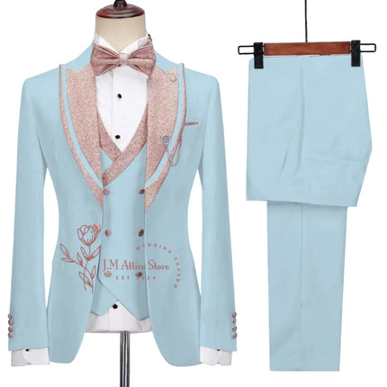 Stylish Men's Suit 3-piece Set Jacket Vest Pants White Slim Fit Pink Shinny Peak Lapel Blazer Wedding Prom Party Custom Tuxedo