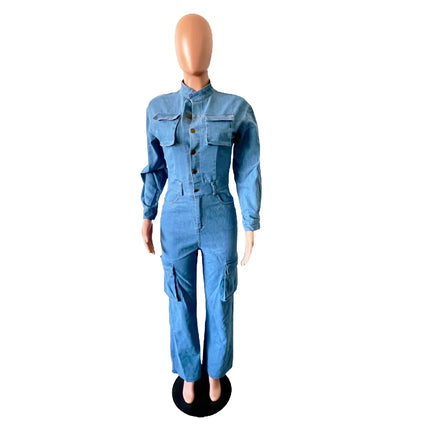 Women's New Autumn and Winter Fashion Elastic Organ Bag Wash Denim Jumpsuit Stand Collar Long Sleeve Denim Bell Bottoms Overalls