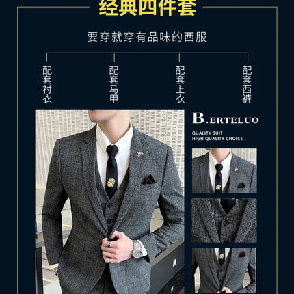 Checkered Suit (Blazer+Vest+Pants) Men's Fashion Hosting Work Business Wedding Casual Linen Art Style Elegant Gentleman's Suit