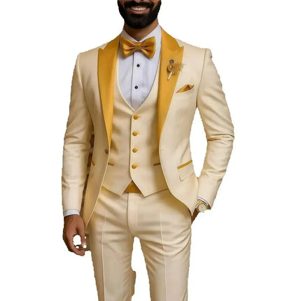 Men's Suits 3 PCS Peaked Lapel One Single Button Italian Champagne Wedding Suit Man Suit Tuxedo Prom Slim Fit Blazer Customized
