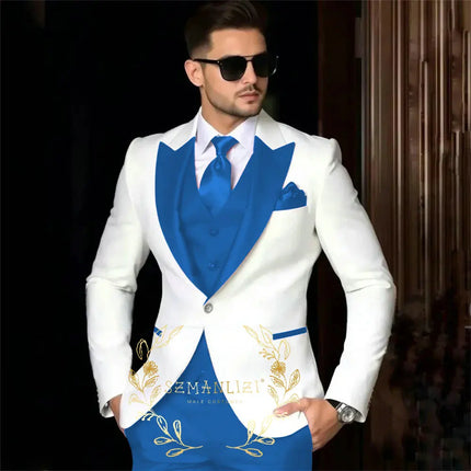 Luxury Men's Suits For Wedding Peak Lapel Slim Fit 3 Piece White Jacket Burgundy Pants Vest Formal Male Clothing Costume Homme