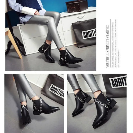 High Quality Women Shoes Leather Short Boots Women Pointed Chunky Heel Boots Fashion Rivet Ankle Boots Female Platform Heel 2024