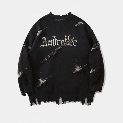 2025 New Men Distressed Sweater Hip Hop Pullover Vintage Casual Knitwear Top Streetwear Fashion Autumn Winter