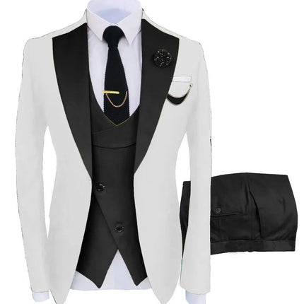 Men Three Piece Suit Sets Turn Down Collar Full Sleeve Blazers Vest Long Pants Slim Fit Ensemble Banquet Evening Splice Spring