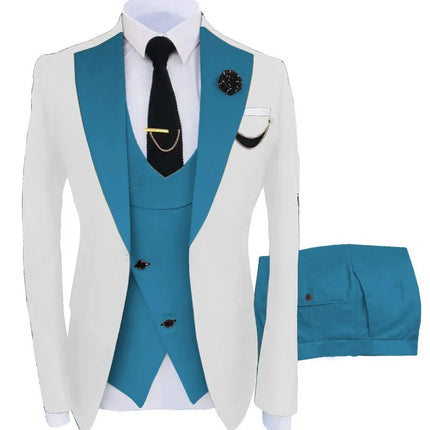 Men Three Piece Suit Sets Turn Down Collar Full Sleeve Blazers Vest Long Pants Slim Fit Ensemble Banquet Evening Splice Spring