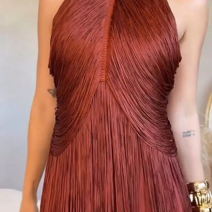 Elegant Halter Tassel Long Dress Women Fashion Hight Waist Slim Neck Hollow Solid Dress Cocktail Robe Sexy Fashion Evening Gown