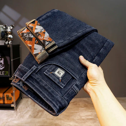 Spring Edition Men's Jeans mid Waist Straight Leg Faion Urban Sle Elastic Waist Micro Stretch Snowflake Waed