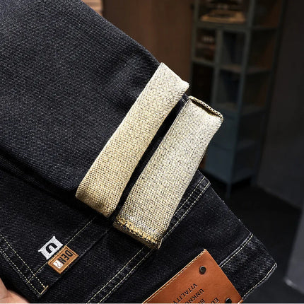 New Embroidery Fashion Straight Jeans Men Stretch Black Blue Slim Fit Pants Comfortable Business Denim Trousers