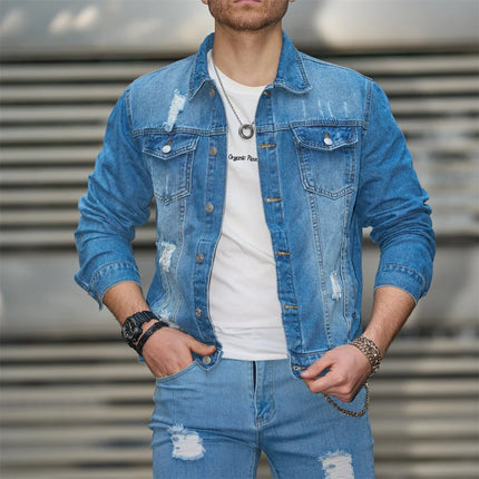 Stylish Holes Distressed Street Men Slim Denim Jacket Coat Male Good Quality Casual Denim Jacket For Men's