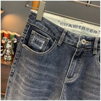 Summer Men's Slim Fit Jeans Thin Trendy Loose Straight Leg Elastic Nine Point Pants Versatile Casual Straight Cut Jeans
