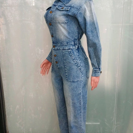 Denim Stretch Overalls Sexy Women Turn Down Collar Elegant Blue Jeans Casual Jumpsuit Romper