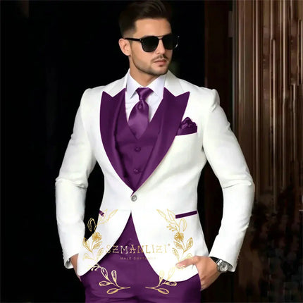 Luxury Men's Suits For Wedding Peak Lapel Slim Fit 3 Piece White Jacket Burgundy Pants Vest Formal Male Clothing Costume Homme