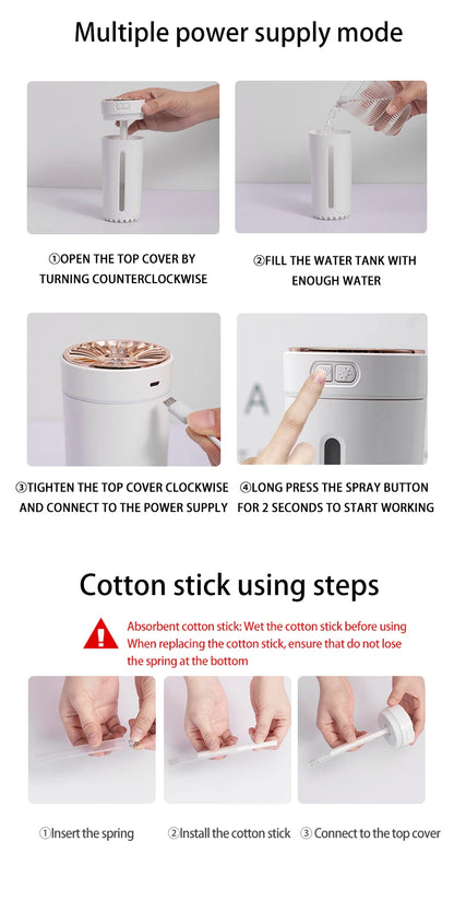 Vehicle-mounted Humidifier 300ml Mini Portable Spray Air Freshener Home LED Small Essential Oil Vaporizer Room Scent Diffuser