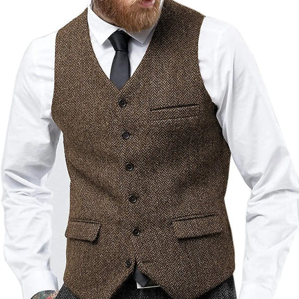 Mens Suit Vest Retro Tweed Wool Regular Fit Waistcoat Herringbone for Jacket Men's Suits Vest