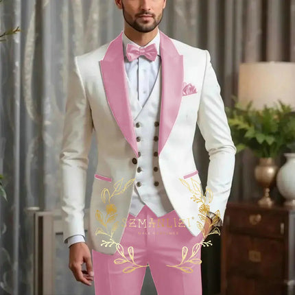 New Men Suit Sets Formal Banquet Luxury Ivory Blazer Vest Burgundy Pants Outfits Wedding Grooms Custom Fashion Slim Fit Costumes