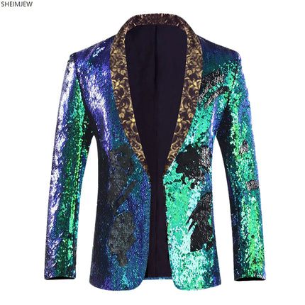 Men's Suit Jacket Shiny Sequins Shawl Collar Suit Cosplay Men Wedding Groom Singer Dance Glitter Suit Jacket Dj Club Stage Gown