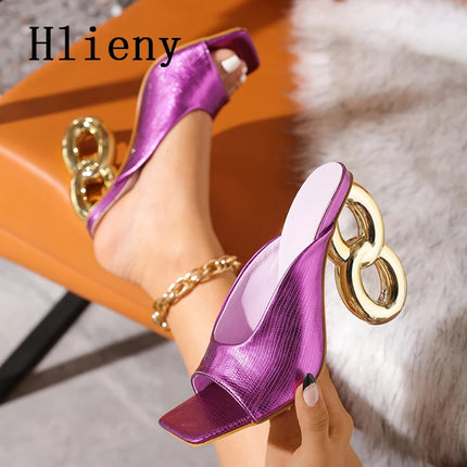Hlieny 2025 New Design Fretwork Heels Slipper Women Summer Banquet Fashion Square Peep Toe Club Ladies Sandals Shoes