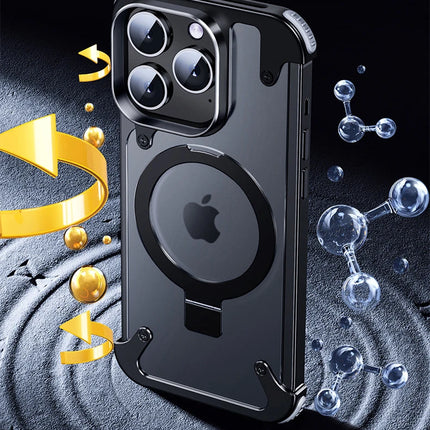 Aluminum Alloy Magnetic Stand Rimless Phone Case For iPhone 13 14 15 16 Pro Max Plus Metal Lens Shell  Frosted Matte Back Cover