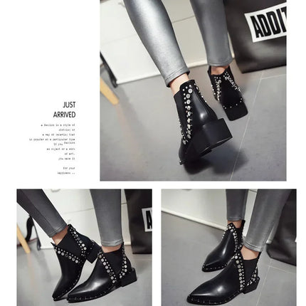 High Quality Women Shoes Leather Short Boots Women Pointed Chunky Heel Boots Fashion Rivet Ankle Boots Female Platform Heel 2024