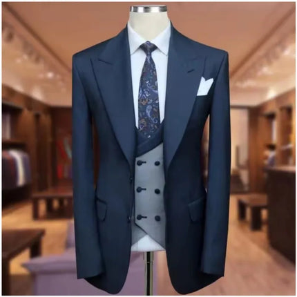 Navy Blue Suits for Men Slim Fit 3 Piece Jacket Pants Vest Single Breasted Peaked Lapel Outfits Wedding Groom Male Clothing