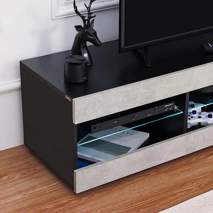 LED TV stand, gray black TV stand with LED lights, TV media console with glass frame