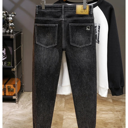 Spring Edition Men's Jeans mid Waist Straight Leg Faion Urban Sle Elastic Waist Micro Stretch Snowflake Waed