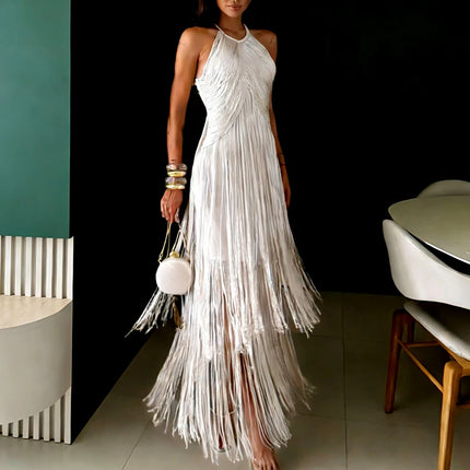 Elegant Halter Tassel Long Dress Women Fashion Hight Waist Slim Neck Hollow Solid Dress Cocktail Robe Sexy Fashion Evening Gown