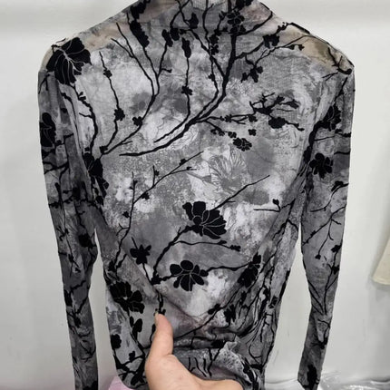 Women Autumn Spring Tops Layering Undershirts Long-Sleeve T-Shirts Printed Lace Mesh Versatile Fashionable Luxurious Designer